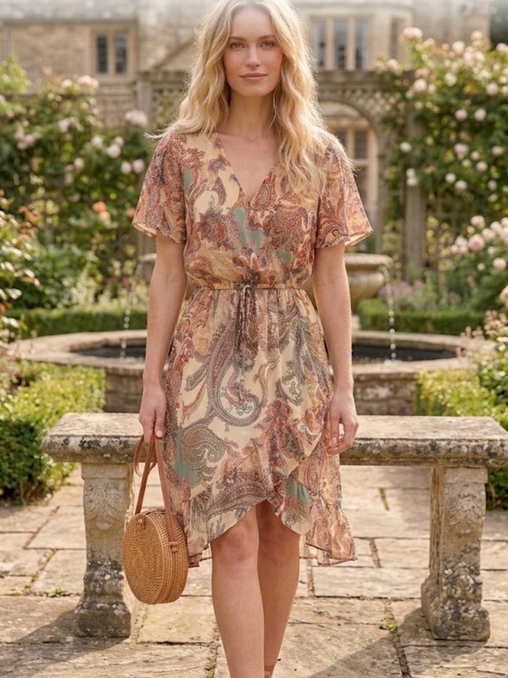 Paisley Wrap-Front Midi Dress in Neutral Multi
